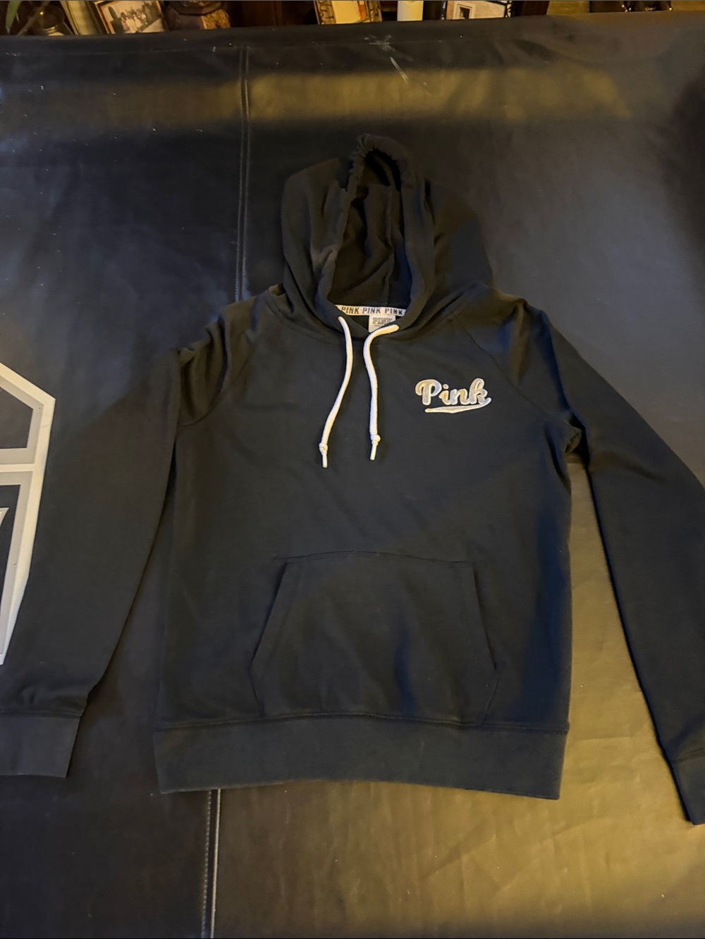 PINK Victoria's Secret Black Hoodie with White Drawstrings